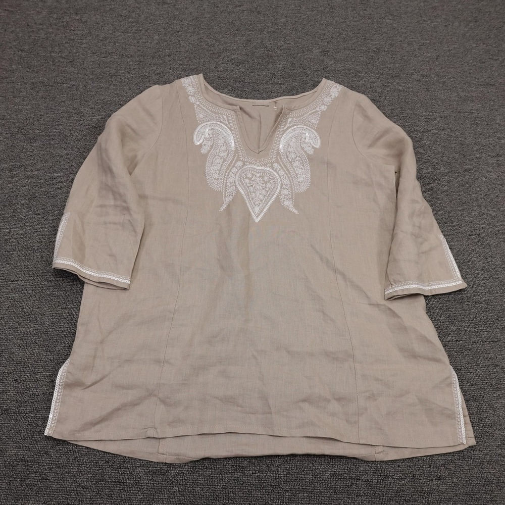 Symple NYC Blouse Womens‎ Medium Beige Linen Embroidered Sequin Tunic Top